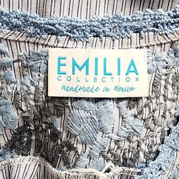 Emilia Collection Isa Dress *S/M Blue Striped Tiered with Blue Gray & Embroidery
